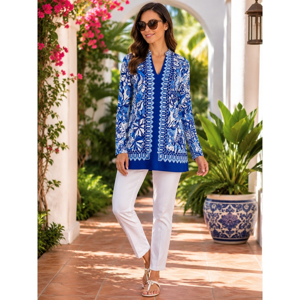 Lilly Pulitzer Womens XS Luna Bay Tunic Blue White Floral Flocking Fabulous Top